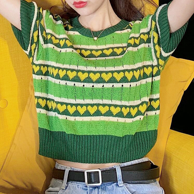 Avocado Green Color Block Stripe Heart Knit Top
