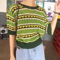 Avocado Green Color Block Stripe Heart Knit Top - Thumbnail 3