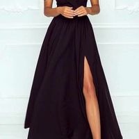Black Off the Shoulder A-Line Satin Long Prom Dresses with Side Split,Formal Party Dresses - Thumbnail 1
