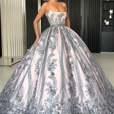 Ball gown scoop neck spaghetti straps grey lace prom dresses,girls junior graduation gown - Thumbnail 3