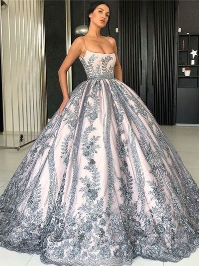 Ball Gown Scoop Neck Spaghetti Straps Grey Lace Prom Dresses,Girls Junior Graduation Gown
