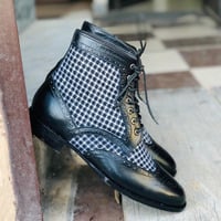 Handmade Men's Black Wing Tip Brogue Boot Dress Leather Tweed Lace Up Boots - Thumbnail 2
