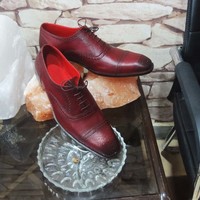 Handmade Men's Burgundy Color Shoes Stylish Leather Cap Toe Brogue Lace Up Shoes - Thumbnail 2