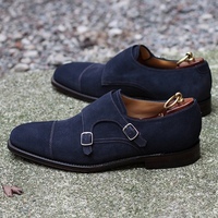 Handmade Men's Navy Blue Color Cap Toe Shoes Stylish Suede Double Monk Strap Shoes - Thumbnail 1