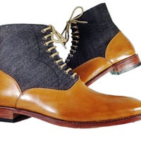 Handmade Men's Tan Navy Blue Boot Dress Leather Tweed Lace Up Boots - Thumbnail 1