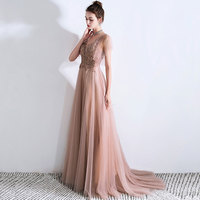 Elegant v neck tulle long prom dress, lace evening dress - Thumbnail 1
