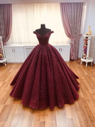 Burgundy Ball Gown Off the Shoulder Open Back Sequins Prom Dresses,Quinceanera Dresses,Girls Junior Graduation Gown