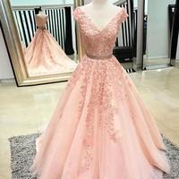 Pink V Neck Open Back A-Line Long Prom Dresses with Lace Beaded,Formal Party Dresses - Thumbnail 1