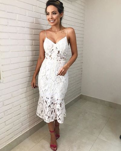 Mermaid Tea Length White Lace Party Dresses,Prom Dresses,Evening Dresses,Special Occasion Dresses