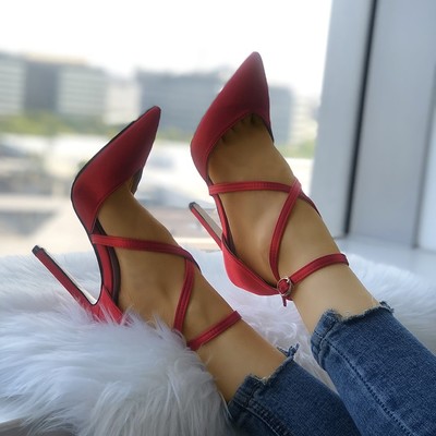 Solid strappy buckle pointed toe heels g-2968
