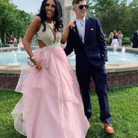 Cut Low Pink Long Prom Dresses for Women - Thumbnail 1