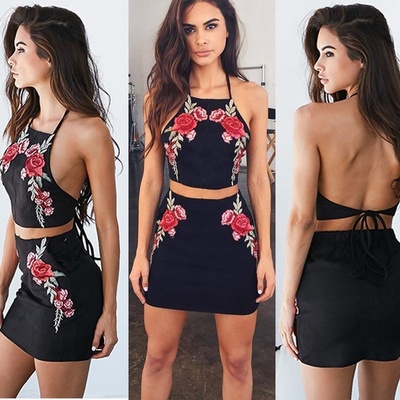 Two Piece Halter Backless Little Black Dresses with Appliques,Short Homecoming Party Dresses,Cocktail Party Dresses