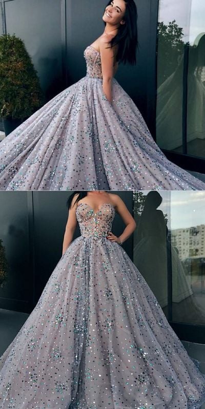 Unique A-Line Sweetheart Grey Tulle Long Prom Dresses with Sequins,Graduation Dresses