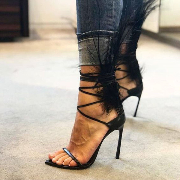 Super Hot Black Feather Back Open Toe Women Sandals Concise Style Ladies Lace Up High Heels Fashion Gladiator Sandals G-2982