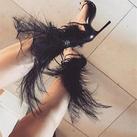 Super Hot Black Feather Back Open Toe Women Sandals Concise Style Ladies Lace Up High Heels Fashion Gladiator Sandals G-2982 - Thumbnail 3