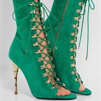 Lace Up Side Zipper Peep Toe Stiletto High Heels Short Boot Sandals G-2984 - Thumbnail 1