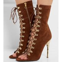 Lace Up Side Zipper Peep Toe Stiletto High Heels Short Boot Sandals G-2984 - Thumbnail 4
