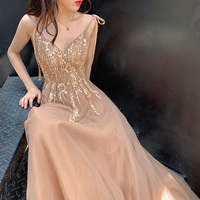 Stylish v neck tulle long prom dress, evening dress - Thumbnail 1