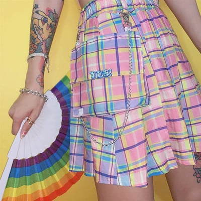 High Waist Color Block Colorful Plaid Pleated Skirt