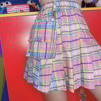 High Waist Color Block Colorful Plaid Pleated Skirt - Thumbnail 3