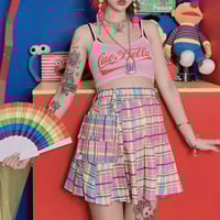 High Waist Color Block Colorful Plaid Pleated Skirt - Thumbnail 4