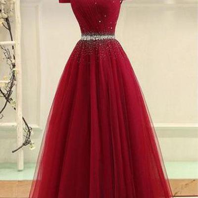 A-line off the shoulder burgundy tulle prom dress with beading,01