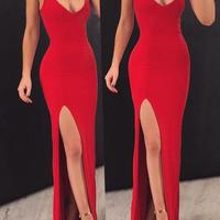 Sheath V Neck Spaghetti Straps Red Elastic Satin Long Prom Dresses,02 - Thumbnail 1