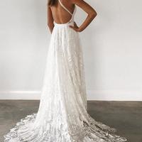 A-Line Straps Backless Court Train Lace Beach Wedding Dress ,04 - Thumbnail 1