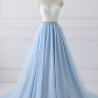 Simple A Line V Neck White Lace Blue Tulle Satin Prom/Evening/Formal Dress,05 - Thumbnail 2
