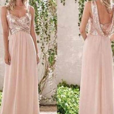 Rose gold a-line spaghetti straps backless sequins chiffon bridesmaid dress,06