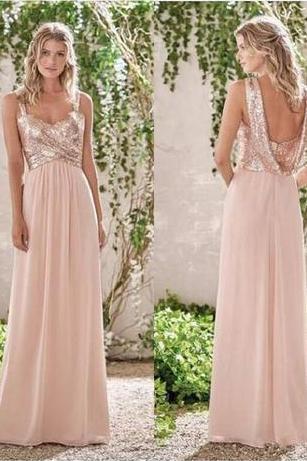 Rose Gold A-Line Spaghetti Straps Backless Sequins Chiffon Bridesmaid Dress,06