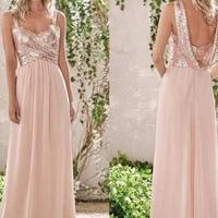 Rose Gold A-Line Spaghetti Straps Backless Sequins Chiffon Bridesmaid Dress,06 - Thumbnail 1
