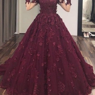 Ball gown v neck long sleeve burgundy lace long prom dresses,girls junior graduation gown - Thumbnail 4
