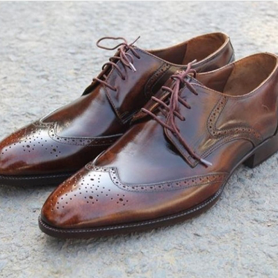 Men's handmade brown color leather shoes, stylish wing tip brogue dress shoes - Thumbnail 4