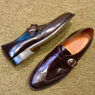 Handmade men's maroon color single monk leather shoes, stylish wing tip brogue dress shoes - Thumbnail 2