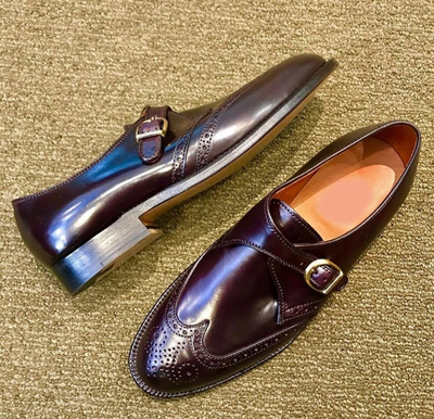 Handmade Men's Maroon Color Single Monk Leather Shoes, Stylish Wing Tip Brogue Dress Shoes