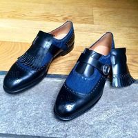 Handmade Men's Black & Blue Color Brogue Toe Shoes, Single Monk Strap Leather & Denim Fabric Fringe Shoes - Thumbnail 1
