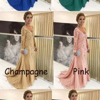 Elegant V Neck Mermaid Mother of the Bride Dress with Appliqus Lace - Thumbnail 1