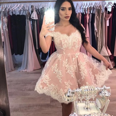 Pink Off the Shoulder Homecoming Dresses with Lace