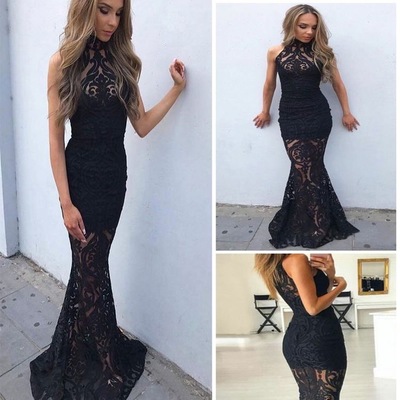 Black Mermaid Lace Prom Dresses for Women FGV001