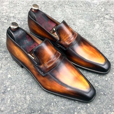 Handmade cognac tan leather penny loafer slipper dress men's fashion moccasin shoes - Thumbnail 3