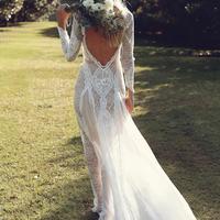 Ivory Sheath Brush Train Long Sleeve Backless Lace Wedding Dress,Beach Wedding Dress,08 - Thumbnail 1
