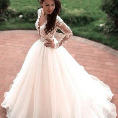 Boho princess a-line v-neck tulle ivory long sleeves wedding gowns,10 - Thumbnail 5