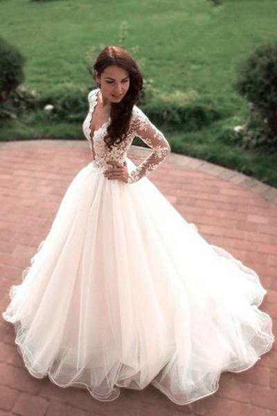 Boho Princess A-Line V-Neck Tulle Ivory Long Sleeves Wedding Gowns,10