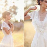 Elegant A-Line Ivory Flower Cap Sleeve V-Neck Chiffon Open Back Wedding Dresses,12 - Thumbnail 1