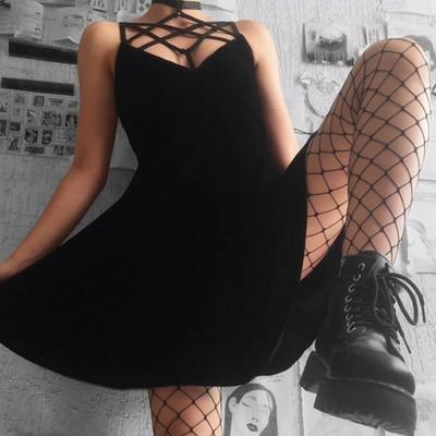 Cyber punk straps cross lace up black dress