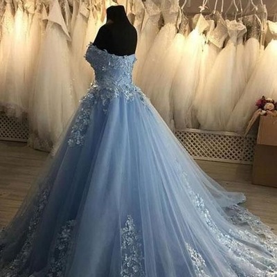 Dusty blue strapless long tulle birthday dresses prom dresses with appliques - Thumbnail 3