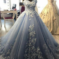 Dusty Blue Strapless Long Tulle Birthday Dresses Prom Dresses with Appliques - Thumbnail 1