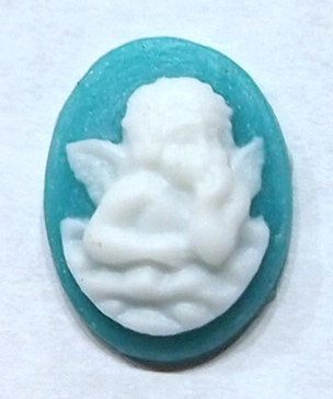 6 of 14x10 mm Small Thinking Cherub or Angel in Clouds Cameos White over Aqua Blue