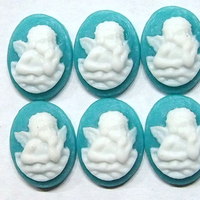 6 of 14x10 mm Small Thinking Cherub or Angel in Clouds Cameos White over Aqua Blue - Thumbnail 1